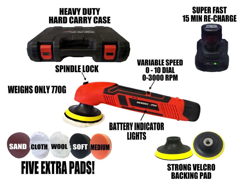 CORDLESS POLISHER 2 BATTERIES KIT MINI BUFFER 12V 80MM LITHIUMION
